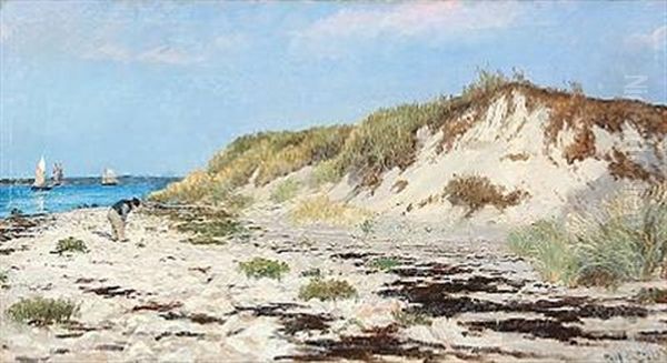 Beach Scene With A Man Digging Worms, In The Background The Great Sound With Sailing Ships Oil Painting by Carl Ludvig Thilson Locher