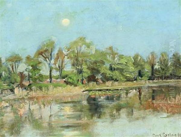 Moonlight Scene By A Forest Lake Oil Painting by Carl Ludvig Thilson Locher