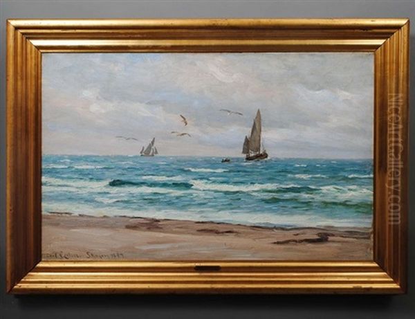 Sailing Vessels Off The Coast Oil Painting by Carl Ludvig Thilson Locher