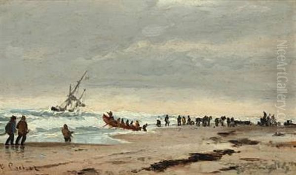 The Lifeboat Is Going Out Oil Painting by Carl Ludvig Thilson Locher