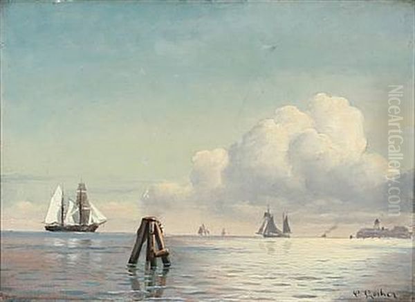 Seascape With Sailing Ships Near Trekroner Fortress, Copenhagen Oil Painting by Carl Ludvig Thilson Locher