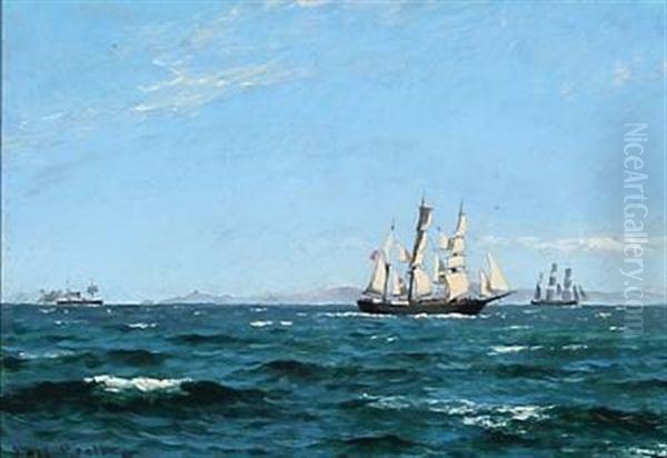 Seascape With Sailing Ships At Sea On A Cloudless Summer Day Oil Painting by Carl Ludvig Thilson Locher