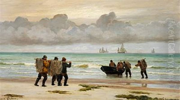 Fishermen On The Beach, Skagen Oil Painting by Carl Ludvig Thilson Locher