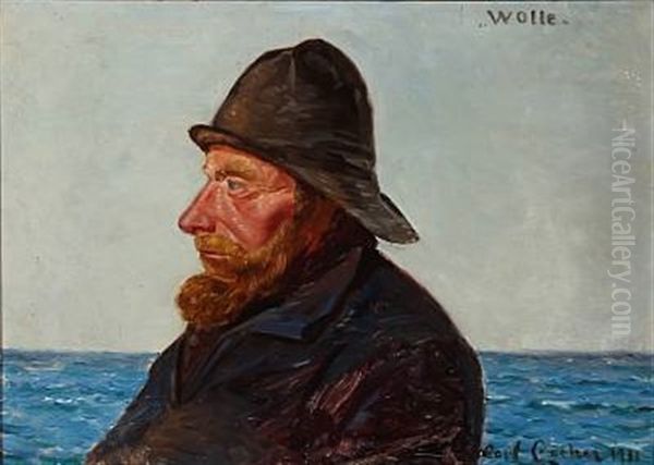 Portrait Of Fisherman Wolle With The Sea In The Background Oil Painting by Carl Ludvig Thilson Locher