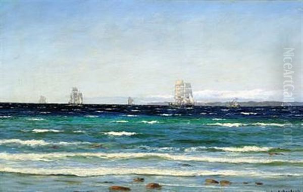 Hornbaek Beach. Ships In The Sound, In The Background Kullen Oil Painting by Carl Ludvig Thilson Locher