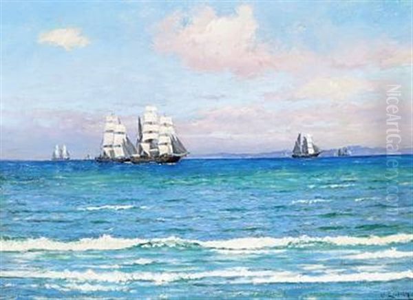 Seascape With Ships Off Kullen, Sweden Oil Painting by Carl Ludvig Thilson Locher