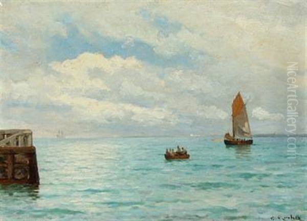 Ships Near Harbor Oil Painting by Carl Ludvig Thilson Locher