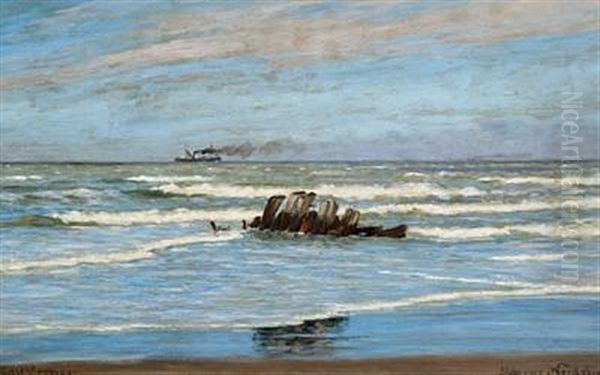 Steamship Off The Coast Oil Painting by Carl Ludvig Thilson Locher