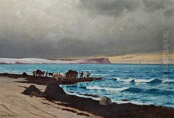 Seaweed Collectors On The Beach Oil Painting by Carl Ludvig Thilson Locher