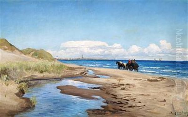 The Stage Coach On Its Way To Skagen. In The Background The Lighthouses Of Skagen Oil Painting by Carl Ludvig Thilson Locher