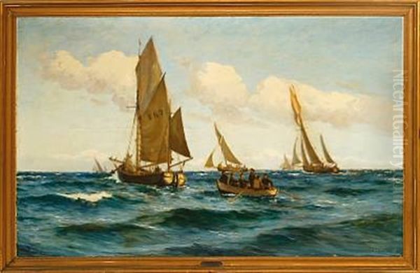 Fishing Boats At Sea Oil Painting by Carl Ludvig Thilson Locher