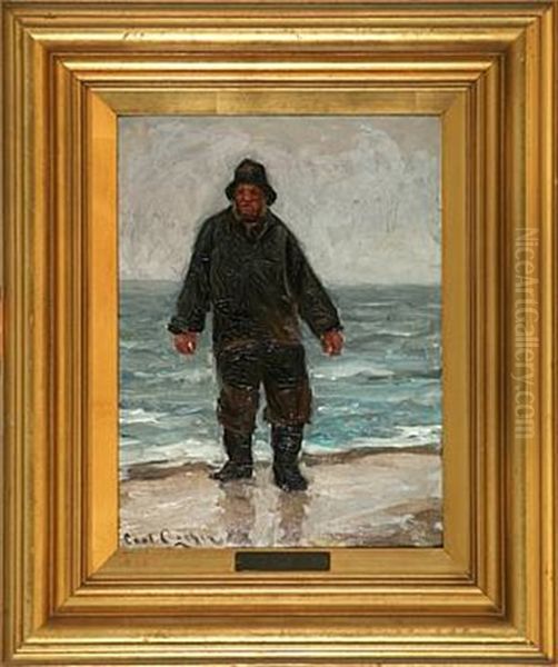 Fisherman On The Beach Oil Painting by Carl Ludvig Thilson Locher