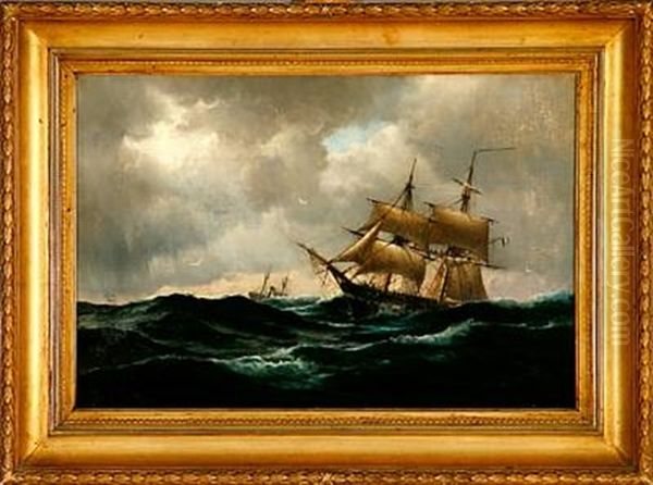 Marine With A French Brig In Heavy Sea Oil Painting by Carl Ludvig Thilson Locher