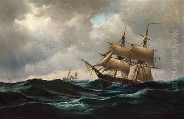 A French Brig On The Open Sea Oil Painting by Carl Ludvig Thilson Locher