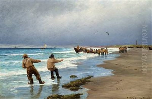 Fishermen On Skagen Beach - The Lifeboat Is Being Pulled Ashore Oil Painting by Carl Ludvig Thilson Locher