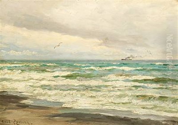 Seascape With A Steamer On The Horizon Oil Painting by Carl Ludvig Thilson Locher