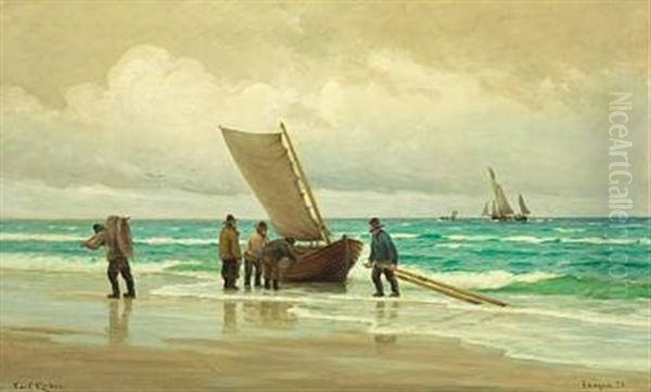 Costal Scene With Fishermen Landing Their Boat At The Beach Oil Painting by Carl Ludvig Thilson Locher