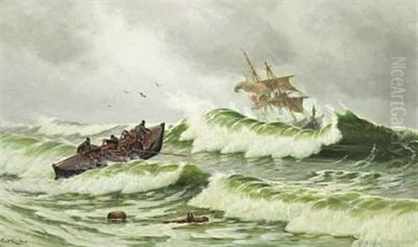 Lifeboat In Action Oil Painting by Carl Ludvig Thilson Locher