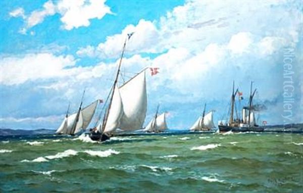 Ships In Escadre, Strong Breeze, Off The Shore Of Bjornsknude By Juelsminde Oil Painting by Carl Ludvig Thilson Locher