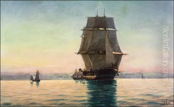 Purjelaivoja Auringonlaskussa Oil Painting by Carl Ludvig Thilson Locher