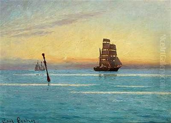 Solnedgang Over Havet Med Sejlskibe I Horisonten Oil Painting by Carl Ludvig Thilson Locher