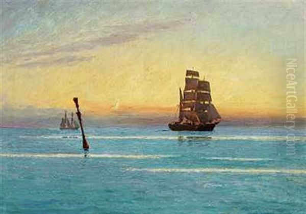 Solnedgang Over Havet Med Sejlskibe I Horisonten Oil Painting by Carl Ludvig Thilson Locher