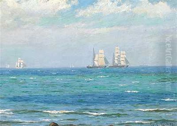 En Tomastet Bark Og En Barkentine Pa Havet Oil Painting by Carl Ludvig Thilson Locher