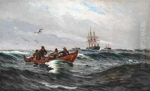 Fiskere I Deres Robad Pa Havet Oil Painting by Carl Ludvig Thilson Locher