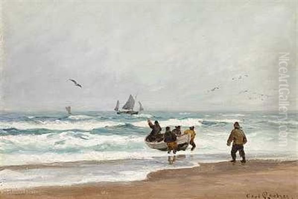 Fiskere Med Deres Robad I Strandkanten En Regnvejrsdag Oil Painting by Carl Ludvig Thilson Locher