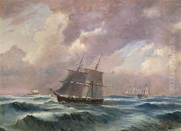 Marine Med Skibe Pa Havet I Hoj So Oil Painting by Carl Ludvig Thilson Locher