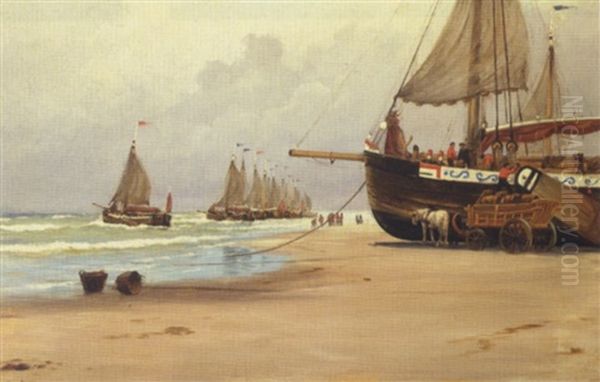 Et Sejlskib Lastes Med Tonder Pa Stranden Ved Scheveningen Oil Painting by Carl Ludvig Thilson Locher