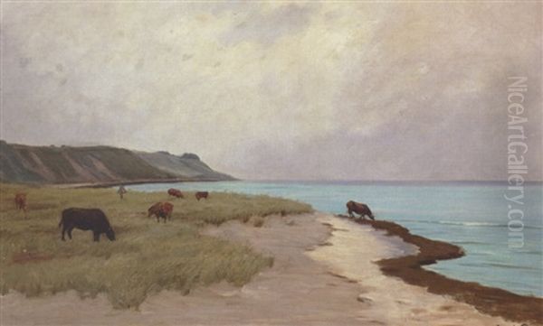 Graessende Koer Pa En Strandeng Oil Painting by Carl Ludvig Thilson Locher