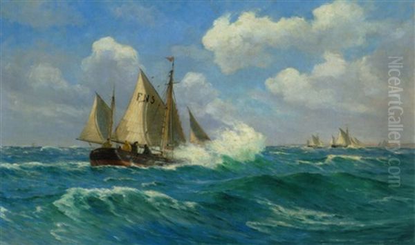 Fiskerbad Pa Havet Ud For Kysten Oil Painting by Carl Ludvig Thilson Locher