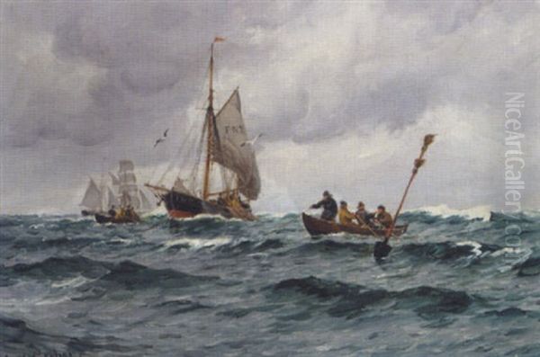 Marine Med Fiskerbade Pa Havet Oil Painting by Carl Ludvig Thilson Locher