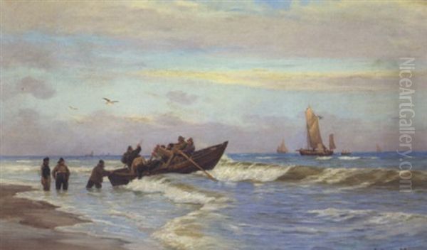 Strandparti Med Fiskerbad Pa Vej Ud Pa Havet Oil Painting by Carl Ludvig Thilson Locher