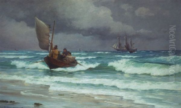 Kystparti Fra Skagen, Med Fiskere Der Gar I Land Og Sejlskibe Pa Havet Oil Painting by Carl Ludvig Thilson Locher