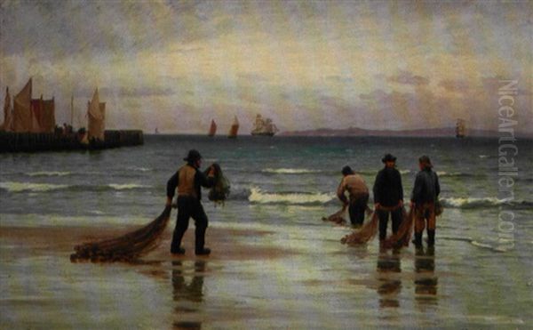 Fiskere Med Deres Garn Pa Hornbaek Strand Oil Painting by Carl Ludvig Thilson Locher