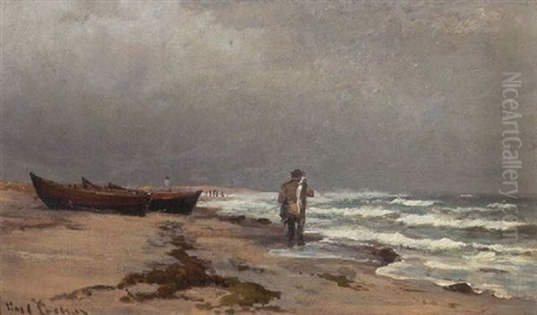 Kystparti Fra Skagen, Med Optrukne Joller Og Fisker Oil Painting by Carl Ludvig Thilson Locher