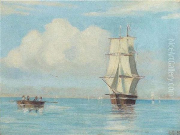 Marine Med Sejlskibe Og Fire Mand I Robad Oil Painting by Carl Ludvig Thilson Locher