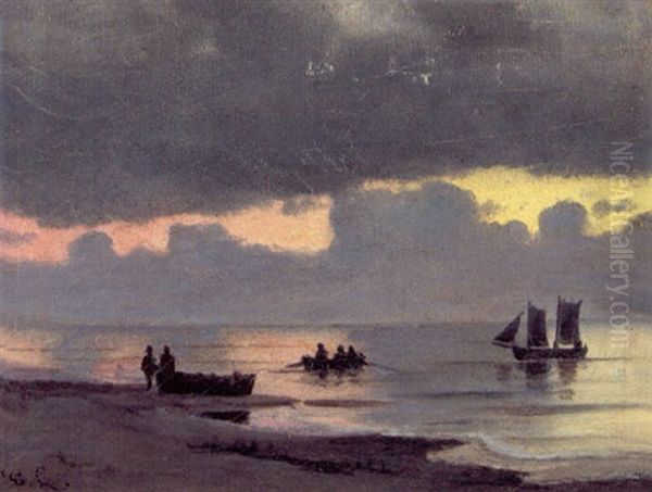 Aftenstemning Med Fiskere Ved Deres Bade Pa Stranden Oil Painting by Carl Ludvig Thilson Locher