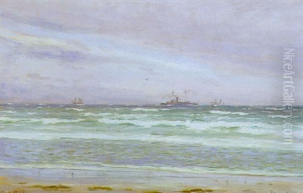 Marine Med Krigsfartoj Og Sejlskibe Pa Havet Oil Painting by Carl Ludvig Thilson Locher