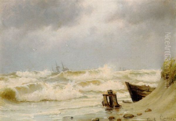 Bolgerne Brydes Pa Stranden, I Baggrunden Sejlskibe I Hoj So Oil Painting by Carl Ludvig Thilson Locher