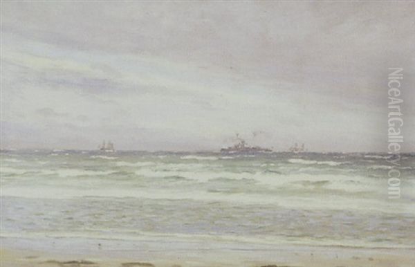 Marine Med Sejlskibe Oil Painting by Carl Ludvig Thilson Locher