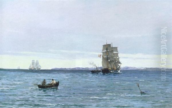 Marine, Skibe Pa Havet Udfor Sneklaedt Kyst Oil Painting by Carl Ludvig Thilson Locher