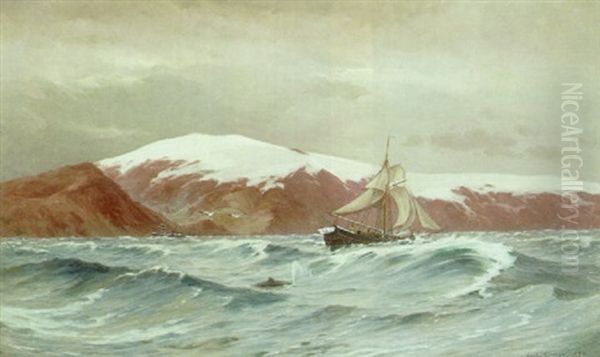 Sejlskib Og Smahvaler Naer Kysten Ved Ofjeldsjoklen Pa Island Oil Painting by Carl Ludvig Thilson Locher