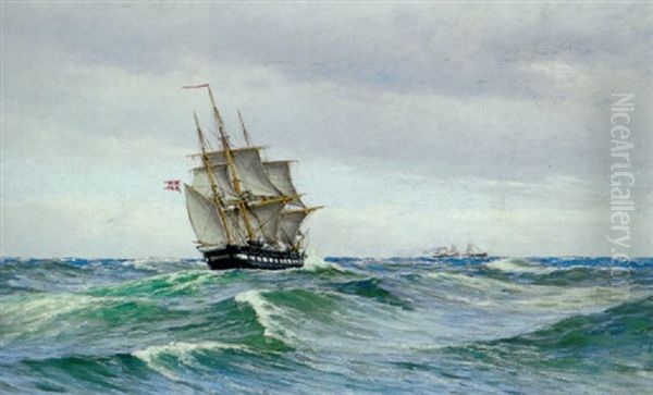 Tremastet Skib Pa Havet Oil Painting by Carl Ludvig Thilson Locher