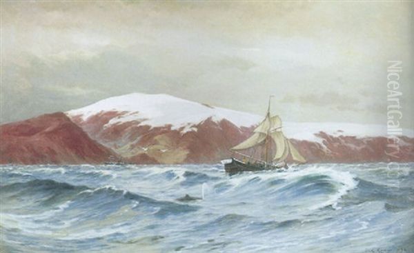 Sejlskib Og Smahvaler Naer Kysten Ved Ofjeldsjoklen Pa Island Oil Painting by Carl Ludvig Thilson Locher