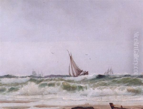 Marine Med Sejlskibe Ud For Kysten Oil Painting by Carl Ludvig Thilson Locher