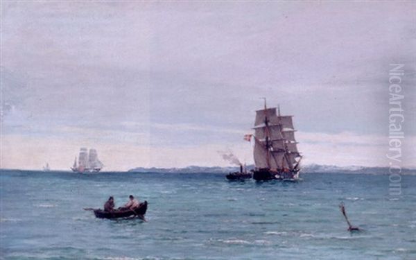 Skibe Ud For Kysten Oil Painting by Carl Ludvig Thilson Locher