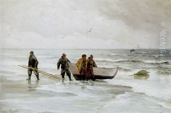 Fiskere Og Optrukken Bad Pa Stranden, I Horisonten Sejlskibe Oil Painting by Carl Ludvig Thilson Locher